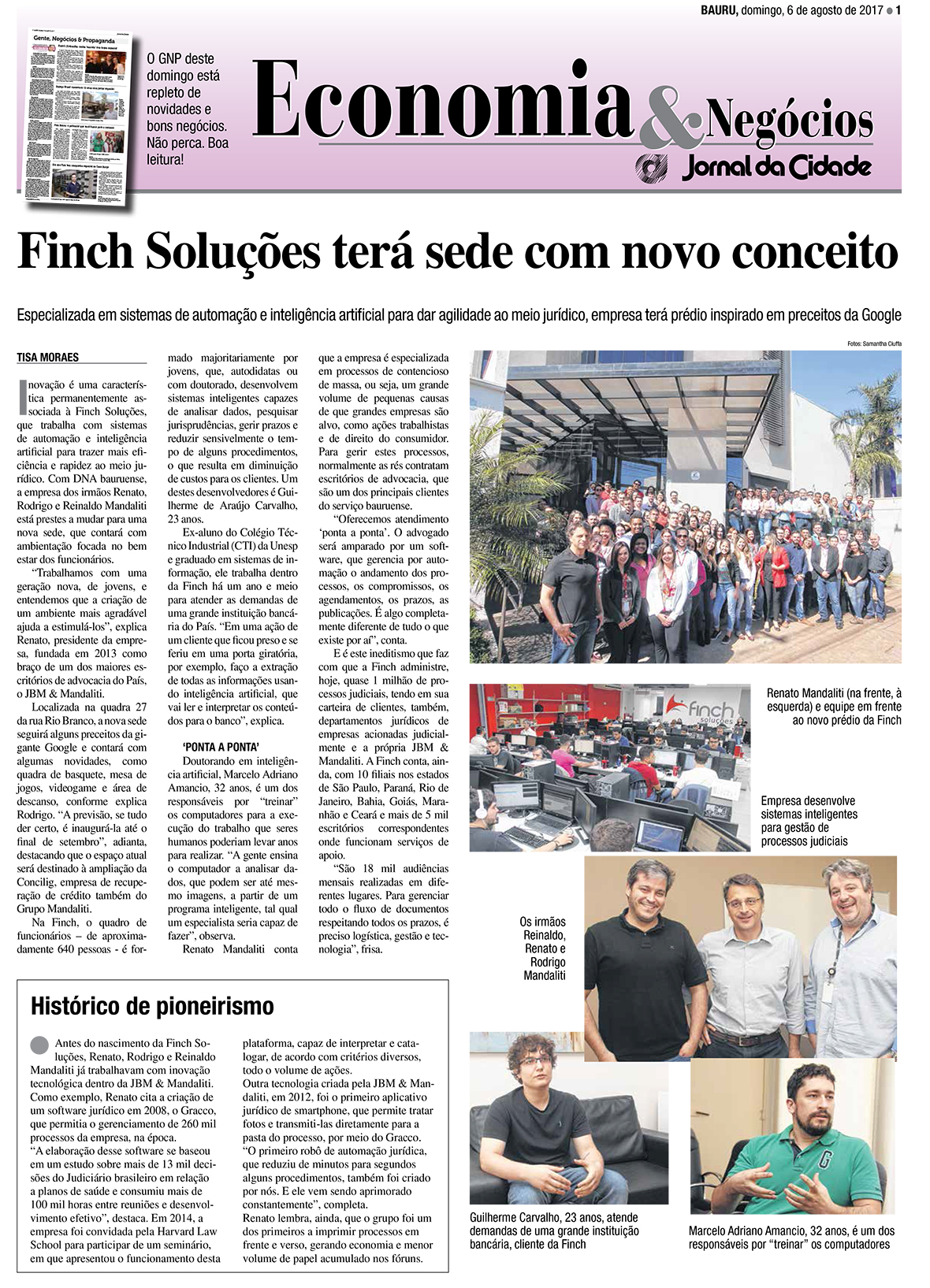 Nova sede da Finch Soluções é destaque no Jornal da Cidade - Bauru/SP